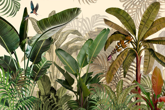 Papel pintado vinilo plantas trópico colibrí